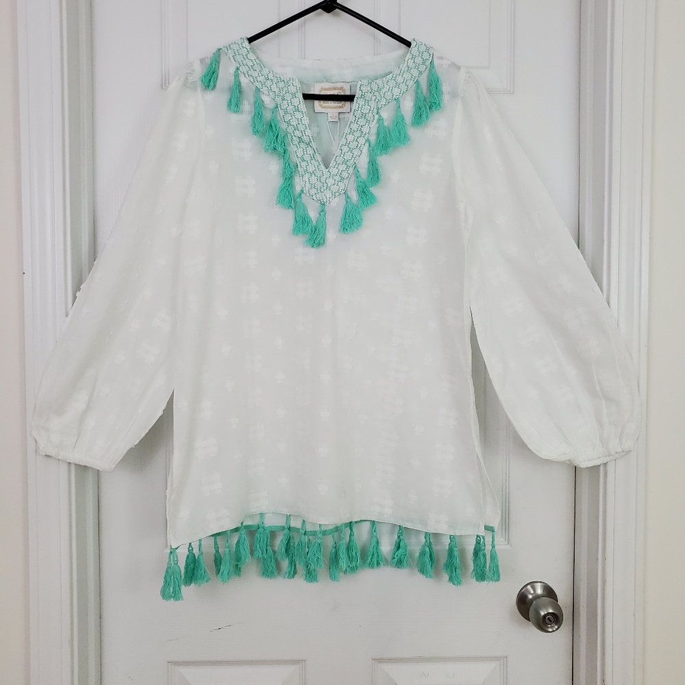 Sail to Sable White Tunic Top with Mint Tassel Trim